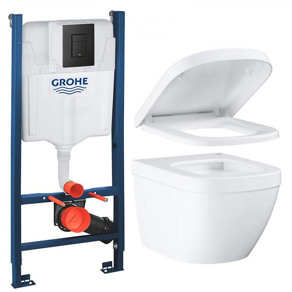 Grohe Euro kompakt Rimless toiletpakke inkl. sæde m/soft-close, cisterne og mat sort betjening