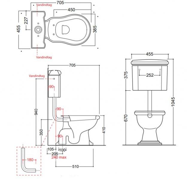 Lavabo Retro Low toilet med messing rør og S-lås - Blank Sort