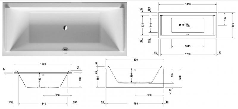 Duravit Starck badekar t/indbygning - 180 x 80 - 2 ryglæn