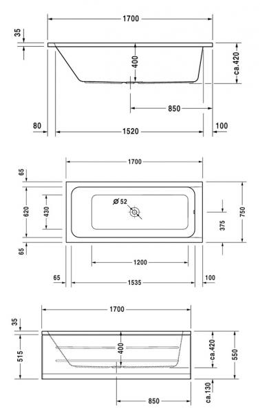 Duravit D-Code badekar t/indbygning - 170 x 75 - Afløb i midten - 1 ryglæn