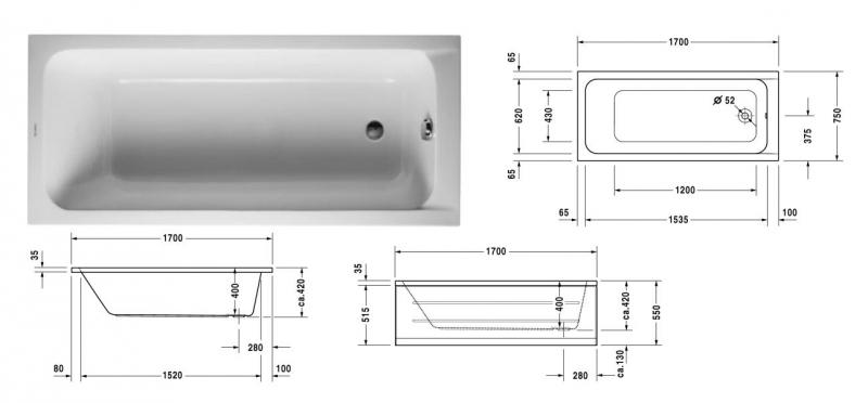 Duravit D-Code badekar t/indbygning - 170 x 75 - 1 ryglæn