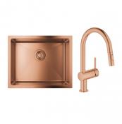 Grohe K700U rustfri st�lvask inkl. Grohe New Minta k�kkenarmatur m/udtr�k - B�rstet warm sunset