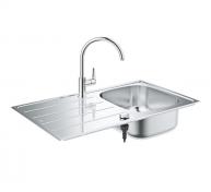 Grohe K200 kkkenvask i rustfrit stl inkl. Bau Edge kkkenarmatur i krom