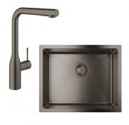 Grohe K700U rustfri st�lvask inkl. Grohe Essence New k�kkenarmatur m/udtr�k - B�rstet hard graphite