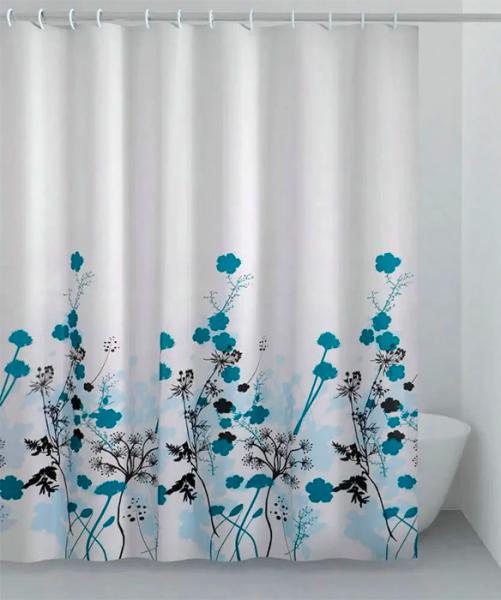 Hefe badeforhæng m/blå blomster 180 x 200 cm