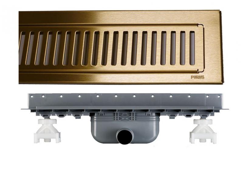 Purus Line RIB afløbspakke 1000 mm - vandret - Børstet messing