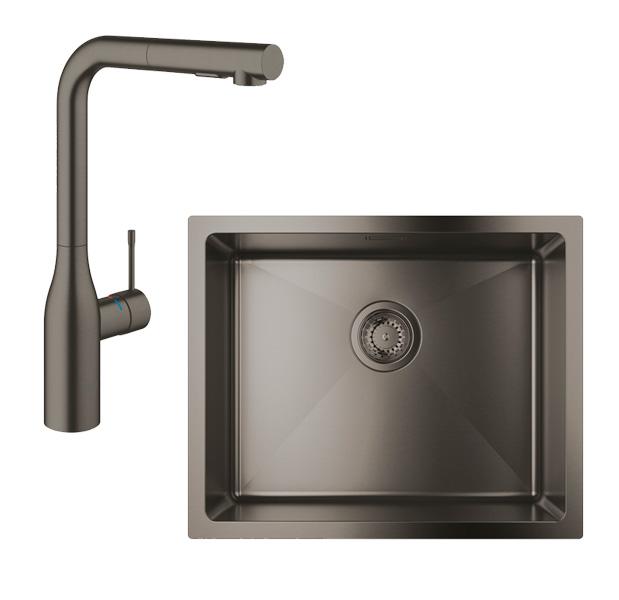 Grohe K700U rustfri stålvask inkl. Grohe Essence New køkkenarmatur m/udtræk - Børstet hard graphite