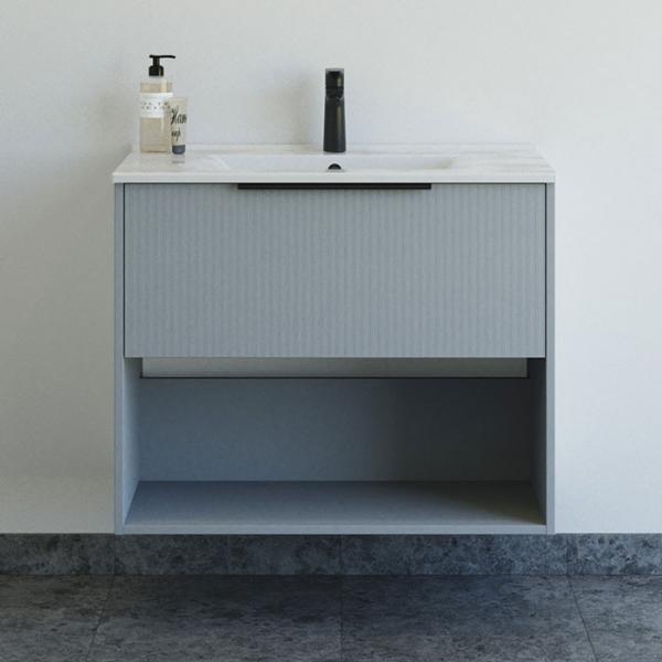 Dansani Mido+ Classic 81 møbelsæt m/Amber vask, 1 skuffe og åbent rum - Striber/mat lyseblå Dansani Mido+ Classic 81 møbelsæt m/Amber vask, 1 skuffe og åbent rum - Striber/mat lyseblå