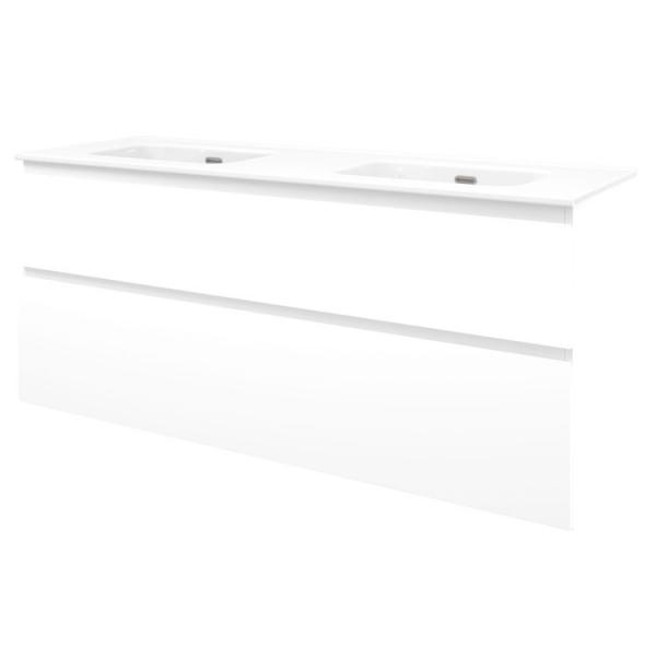 Sanibell Proline 140 m&oslash;bels&aelig;t m/2 asymmetriske skuffer og dobbeltvask - Uden hanehul - Mat hvid