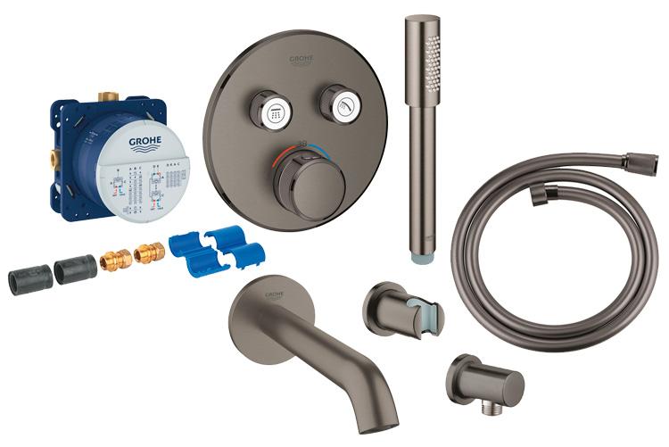 Grohe komplet indbygningspakke til badekar inkl termostat - Børstet hard graphite