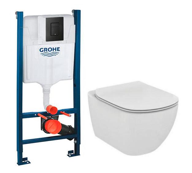 Ideal Standard Tesi RIMless+ toiletpakke inkl. sæde m/softclose, cisterne og sort betjening