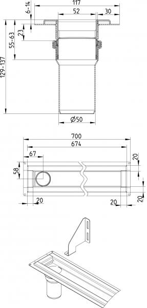 Blucher Waterline 700 mm afløb m/Vienna Line rist - Børstet messing