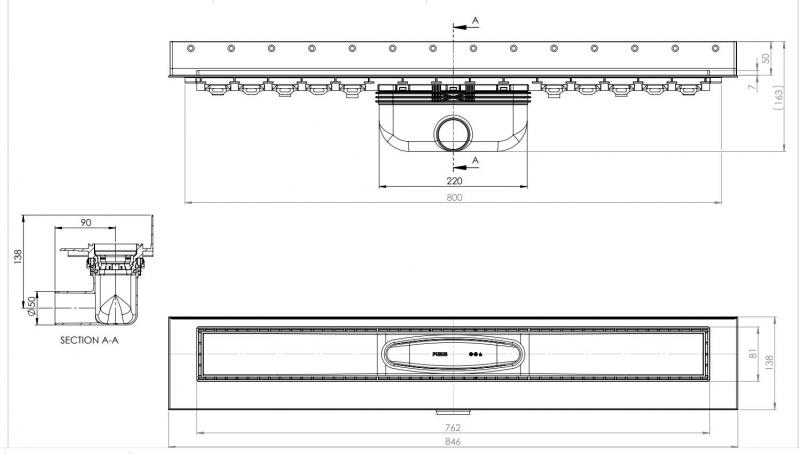 Purus Line RIB afløbspakke 800 mm - vandret - Børstet kobber