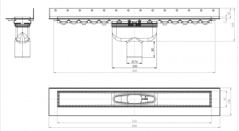 Purus Line RIB afløbspakke 800 mm - lodret - Børstet messing