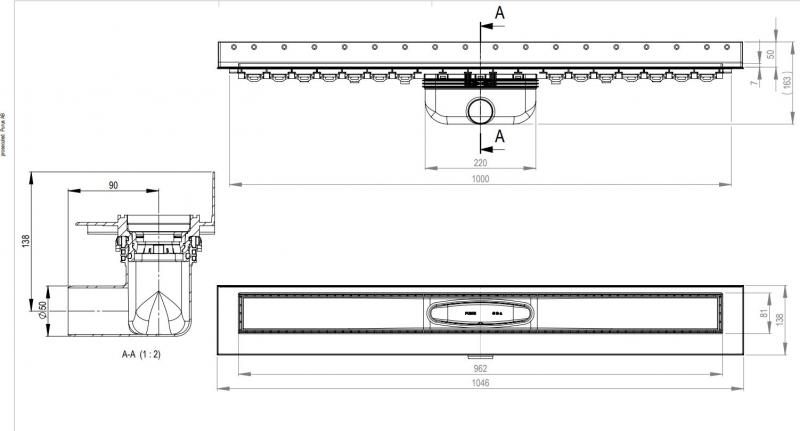 Purus Line RIB afløbspakke 1000 mm - vandret - Børstet messing