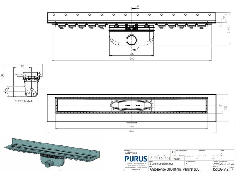 Purus Line komplet afløbspakke 800 mm - Vandret udløb Ø50 - Rustfrit stål