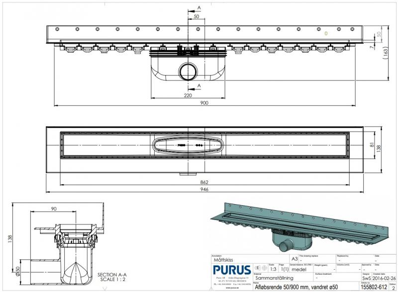 Purus Line komplet afløbspakke 900 mm - Vandret udløb Ø50 - Rustfrit stål