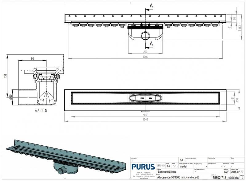 Purus Line komplet afløbspakke 1000 mm - Vandret udløb Ø50 - Rustfrit stål