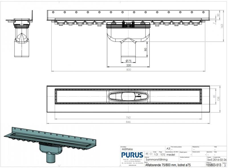 Purus Line komplet afløbspakke 800 mm - Lodret udløb Ø75 - Rustfrit stål