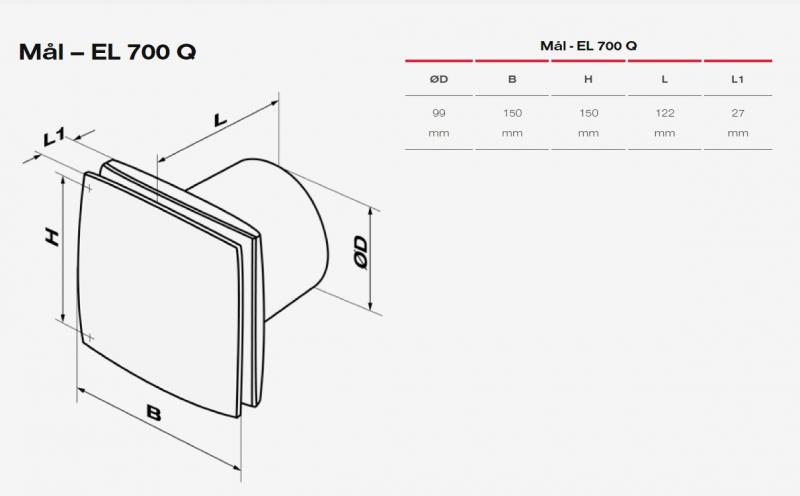Duka EL 700Q Ventilator Standard Ø100 mm, Børstet stål
