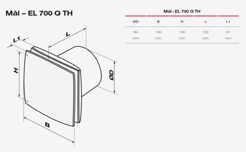 Duka EL 700Q TH Ventilator med fugtstyring & timer Ø100 mm, Børstet stål