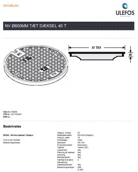 Ulefos NV 600 mm dæksel u/ pakning og lås, 40 t, GG