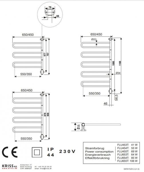 Kriss Flex U Håndklædetørrer m/4 arme - 45x95,6 cm - Krom