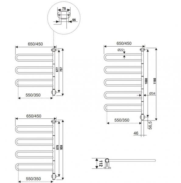 Kriss Flex U Håndklædetørrer m/3 arme - 65x75,7 cm - Krom