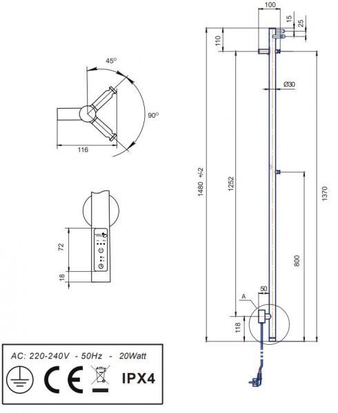 Kriss Uno plus elektrisk håndklædetørrer 3x148 cm - Børstet rustfrit stål