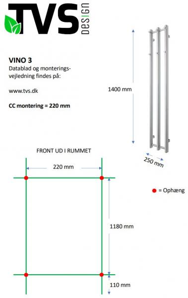 TVS Vino 3 håndklædetørrer - 25x140 cm - Krom