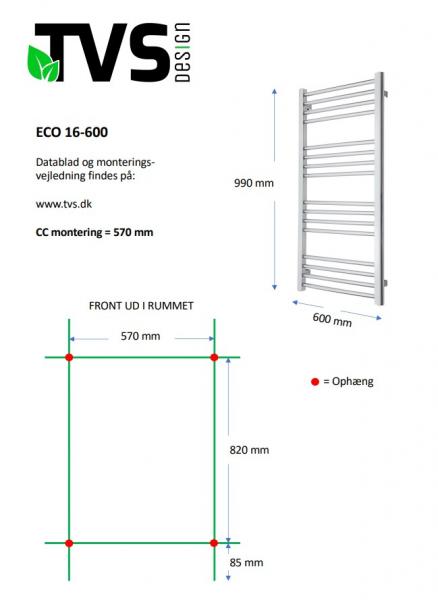 TVS Eco 16 håndklædetørrer - 60x99 cm - Krom