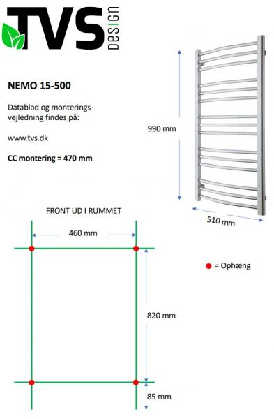 TVS Nemo 15 håndklædetørrer - 51x99 cm - Krom