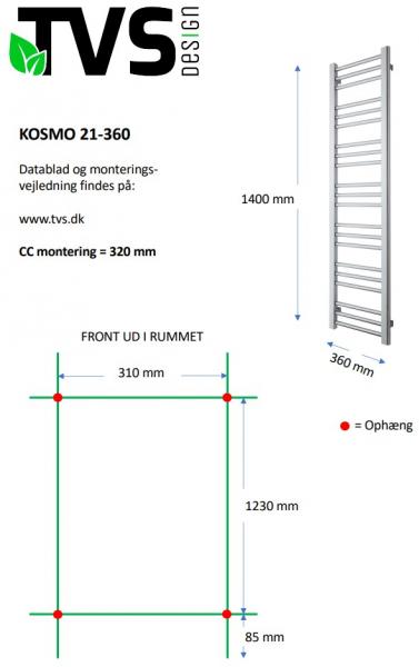 TVS Kosmo håndklædetørrer - 36x140 cm - Krom