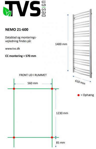 TVS Nemo 21 håndklædetørrer - 61x140 cm - Krom