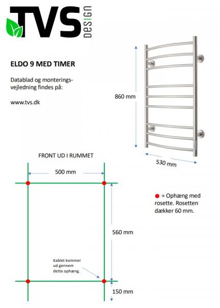 TVS Eldo 9 håndklædetørrer m/timer - 53x86 cm - Sort