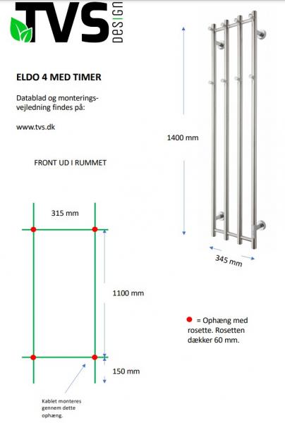 TVS Eldo 4 håndklædetørrer m/timer - 34,5x140 cm - Poleret rustfri stål