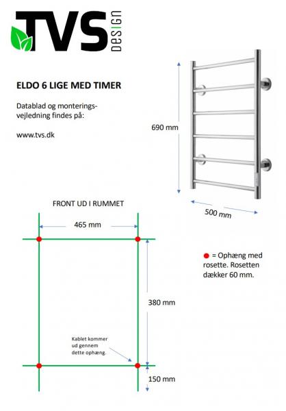 TVS Eldo 6 håndklædetørrer lige - 50x69 cm - Poleret rustfrit stål