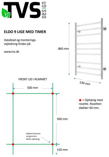 TVS Eldo 9 håndklædetørrer lige - 53x86 cm - Poleret rustfrit stål