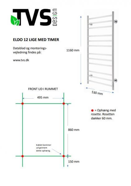 TVS Eldo 12 håndklædetørrer lige - 53x116 cm - Poleret rustfrit stål