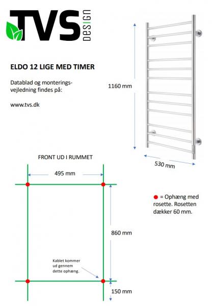 TVS Eldo 12 håndklædetørrer lige - 53x116 cm - Sort