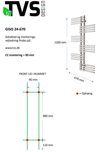 TVS Giso håndklædetørrer - 67x120 cm - Poleret rustfrit stål