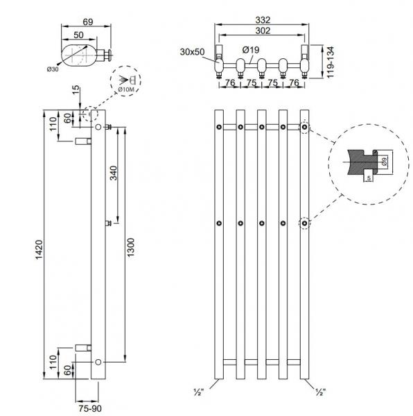 Kriss Vega håndklædetørrer - 33,2x142 cm - Matsort Kriss Vega håndklædetørrer - 33,2x142 cm - Matsort