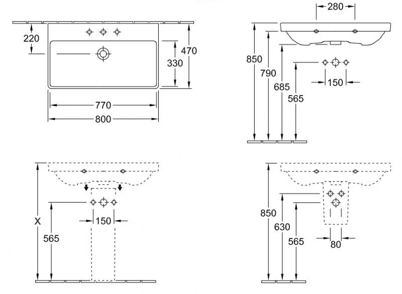 Villeroy & Boch Avento h&aring;ndvask 80 m/hanehul og 2 forlokket huller - Hvid