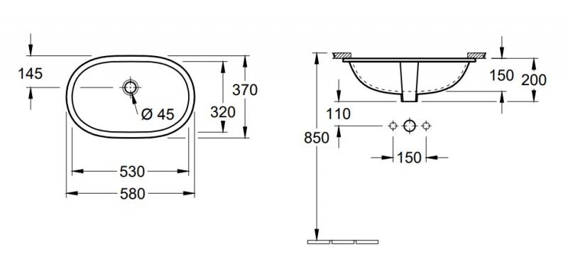 V&B O.novo 53 håndvask t/underlimning - Med overløb