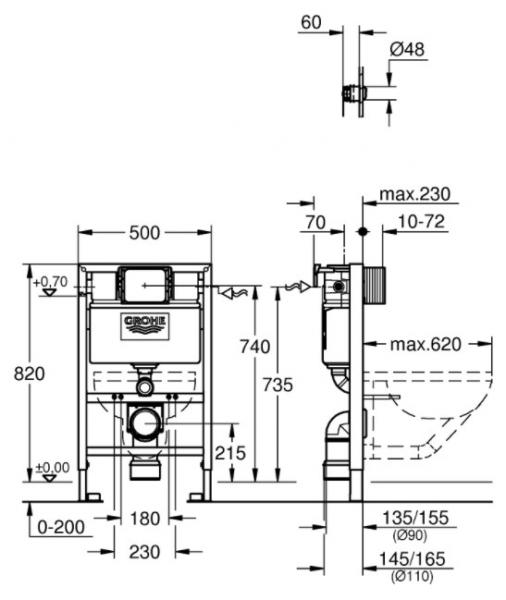 Grohe Rapid SL 0,82m inkl. Grohe Eau2 pneumatisk trykknap - Krom