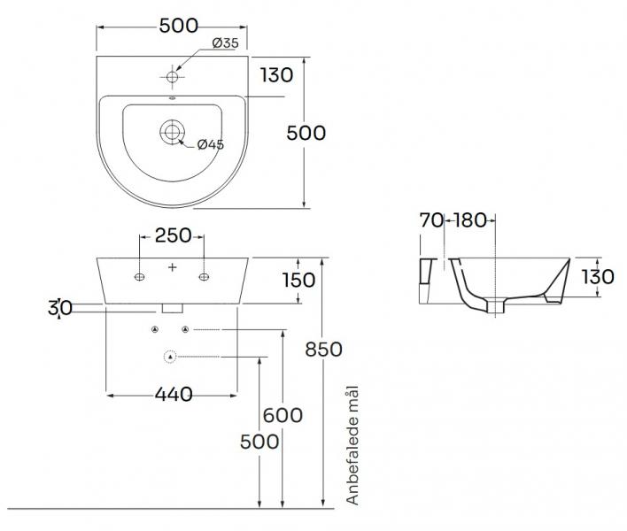 Lavabo Forma 50 h&aring;ndvask t/v&aelig;g eller m&oslash;bel - 1 hanehul - Ash