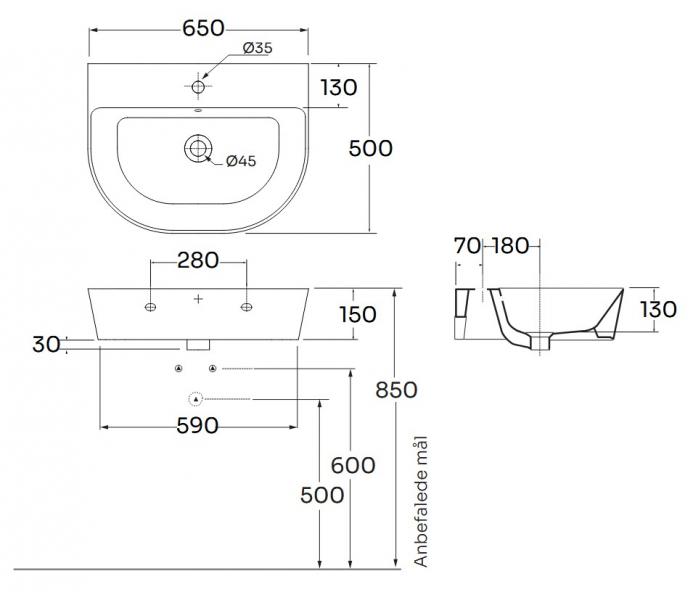 Lavabo Forma 65 h&aring;ndvask t/v&aelig;g eller m&oslash;bel - 1 hanehul - Nature green