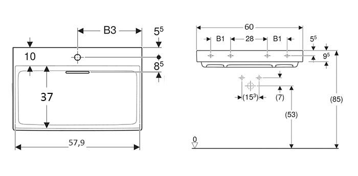 Geberit One 60 h&aring;ndvask t/v&aelig;g eller m&oslash;bel m/CleanDrain - Uden hanehul - KeraTect