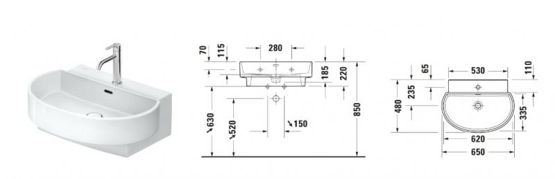 Duravit Balcoon 65 h&aring;ndvask t/v&aelig;g - 1 hanehul - DuraShield - Hvid