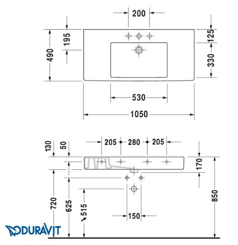 Duravit Vero vask 105 cm med hanehul og overl&oslash;b, wondergliss